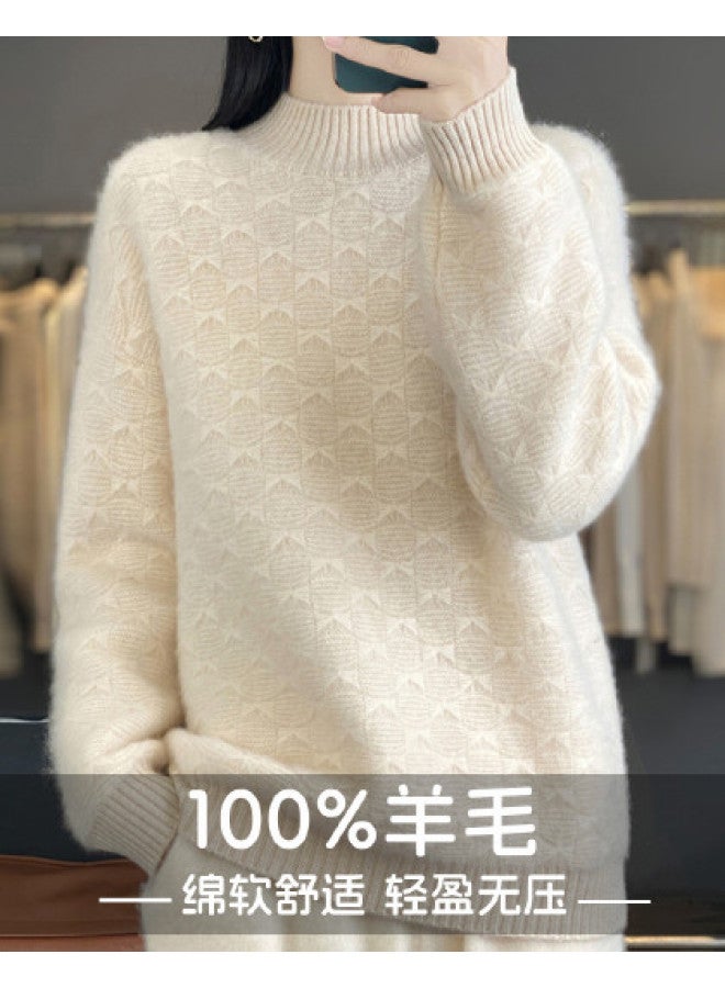XINYANG Seven-Needle Thickened Pure Wool Women'S Semi-Turtle Neck Base Layer 2025 Autumn Textured Bow Sweater - Image 1
