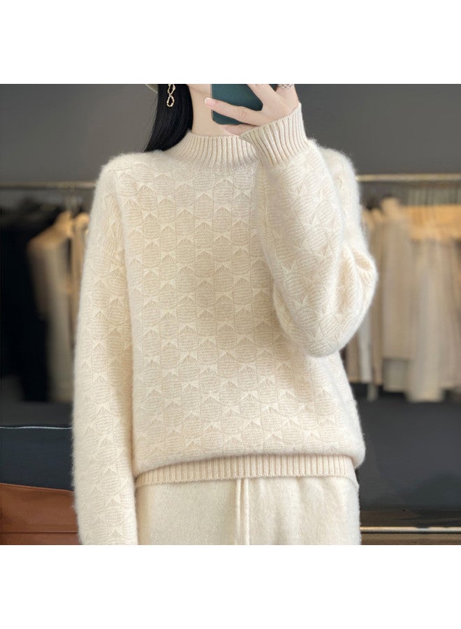 XINYANG Seven-Needle Thickened Pure Wool Women'S Semi-Turtle Neck Base Layer 2025 Autumn Textured Bow Sweater - Image 4