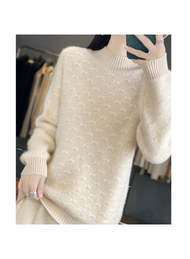 XINYANG Seven-Needle Thickened Pure Wool Women'S Semi-Turtle Neck Base Layer 2025 Autumn Textured Bow Sweater - Image 5