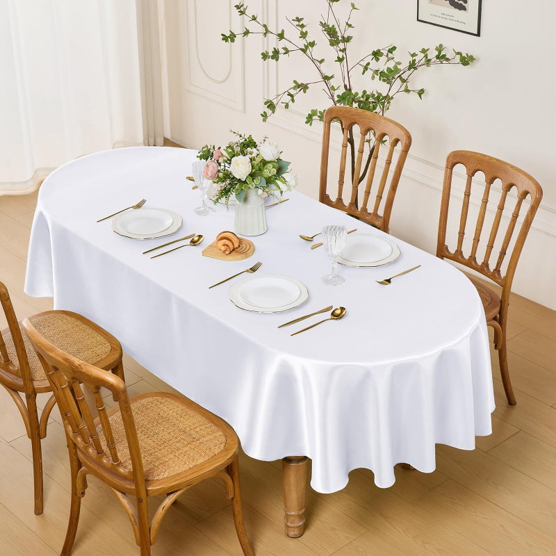 Entisn Oval Tablecloth 60 x 84 Inch, Made of White Satin Fabric, Suitable for 6-8 Seats, Wrinkle-Resistant and Easy-Clean Design Table Decoration for Wedding, Banquet, Kitchen, Indoor and Outdoor - Image 3