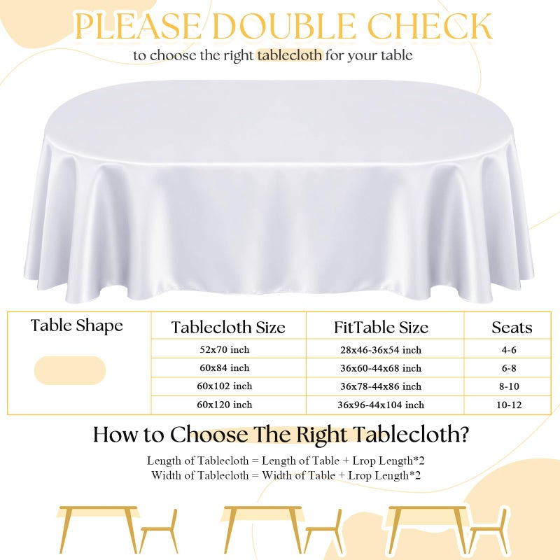 Entisn Oval Tablecloth 60 x 84 Inch, Made of White Satin Fabric, Suitable for 6-8 Seats, Wrinkle-Resistant and Easy-Clean Design Table Decoration for Wedding, Banquet, Kitchen, Indoor and Outdoor - Image 2