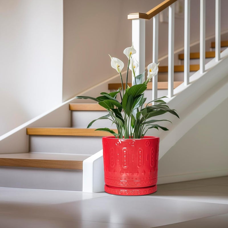 Eightpot 12 Inch Ceramic Planter Pot Plant Pot with Drainage Hole and Saucer, Round Large Flower Pot for Indoor Plants Outdoor Garden Planter Pot, Red - Image 4