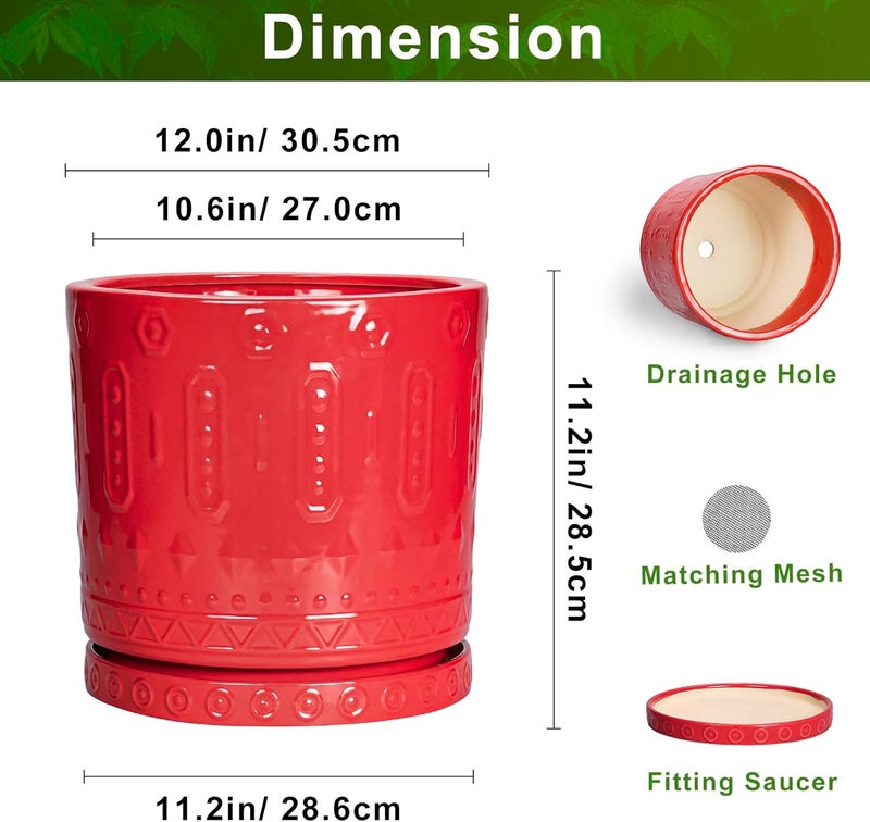 Eightpot 12 Inch Ceramic Planter Pot Plant Pot with Drainage Hole and Saucer, Round Large Flower Pot for Indoor Plants Outdoor Garden Planter Pot, Red - Image 2