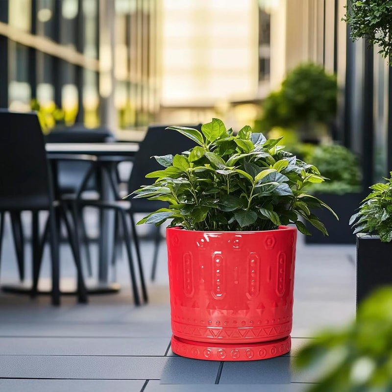 Eightpot 12 Inch Ceramic Planter Pot Plant Pot with Drainage Hole and Saucer, Round Large Flower Pot for Indoor Plants Outdoor Garden Planter Pot, Red - Image 5