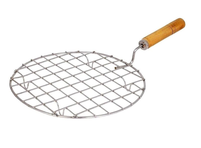 Qebham Qebham Roaster Barbecue Net Jali Griller Chapati Toast Grill with Wooden Handle Steaming Cooking and Baking Barbeque Jali for Roti, Paneer (Round)  - Image 1