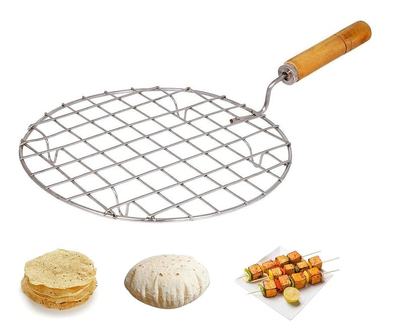 Qebham Qebham Roaster Barbecue Net Jali Griller Chapati Toast Grill with Wooden Handle Steaming Cooking and Baking Barbeque Jali for Roti, Paneer (Round)  - Image 2