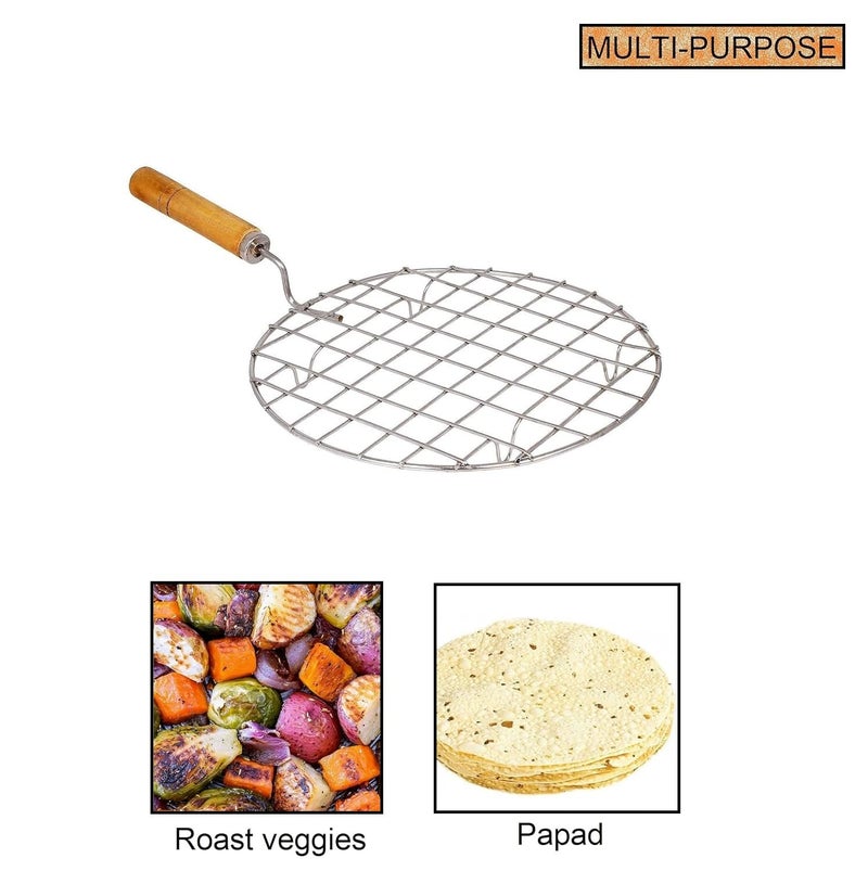 Qebham Qebham Roaster Barbecue Net Jali Griller Chapati Toast Grill with Wooden Handle Steaming Cooking and Baking Barbeque Jali for Roti, Paneer (Round)  - Image 3