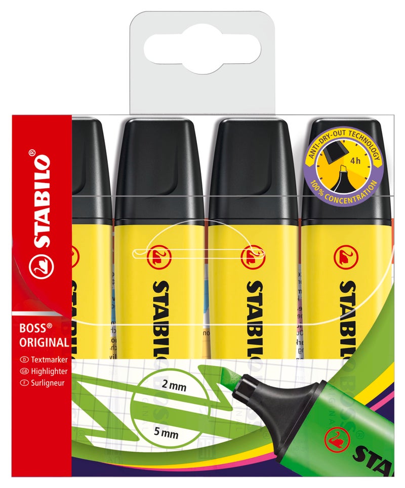 STABILO BOSS Original - Highlighter Pen - Wallet of 4 (Fluorescent Yellow) - Image 1