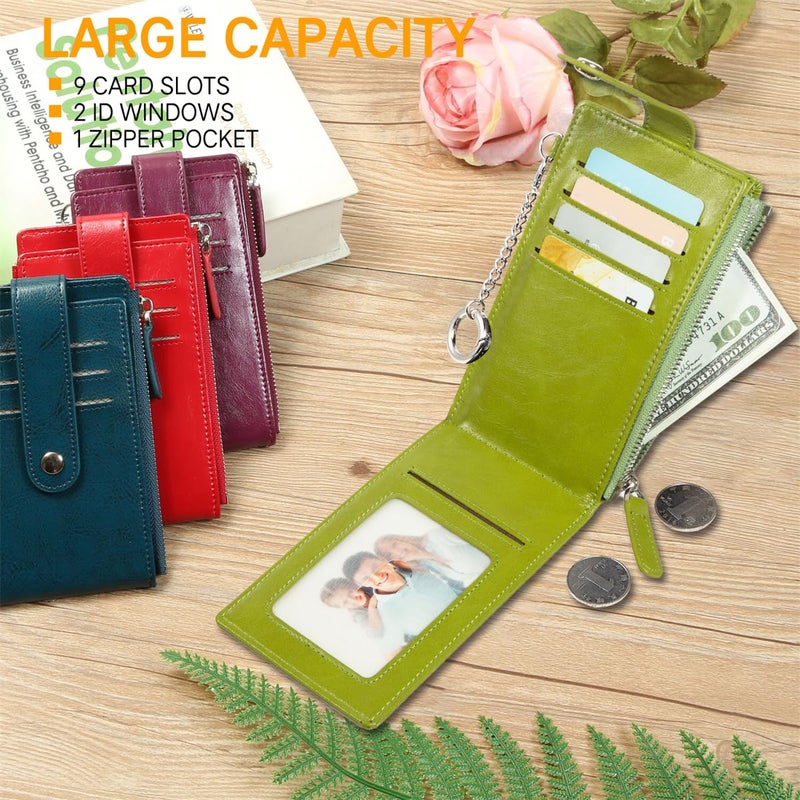 Huztencor Credit Card Holder for Women RFID Small Wallet Women Slim - Multi Zipper Card Case with Keychain Oil Green - Image 2