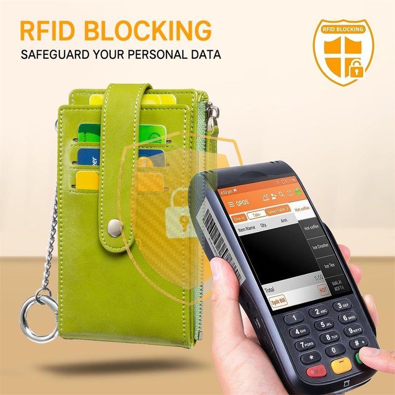 Huztencor Credit Card Holder for Women RFID Small Wallet Women Slim - Multi Zipper Card Case with Keychain Oil Green - Image 3
