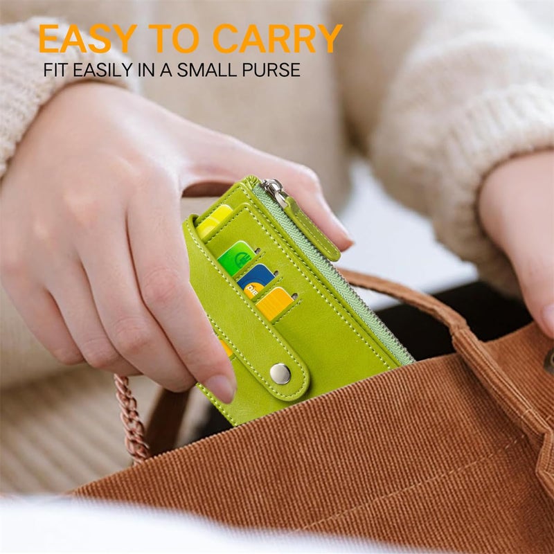 Huztencor Credit Card Holder for Women RFID Small Wallet Women Slim - Multi Zipper Card Case with Keychain Oil Green - Image 5