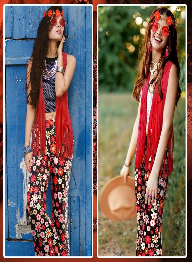 Leumoi 5 Pcs 60s 70s Costume for Women Disco Outfits Hippie Accessories Fringe Vest Boho Flared Pants Set for Carnival(Small,Stylish) - Image 2