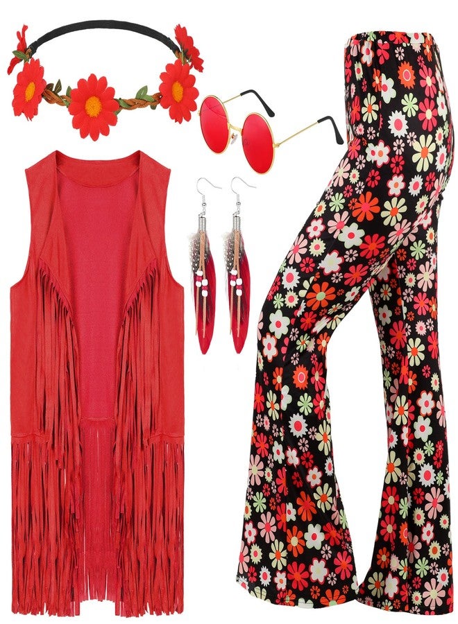 Leumoi 5 Pcs 60s 70s Costume for Women Disco Outfits Hippie Accessories Fringe Vest Boho Flared Pants Set for Carnival(Small,Stylish) - Image 1