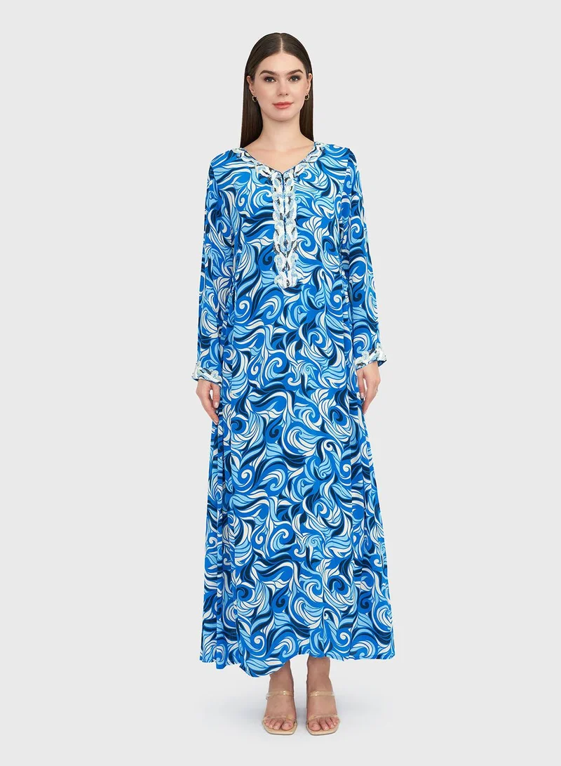 KASHKHA Blue Abstract Print Viscose Crepe Beads Work Jalabiya (VG2399)