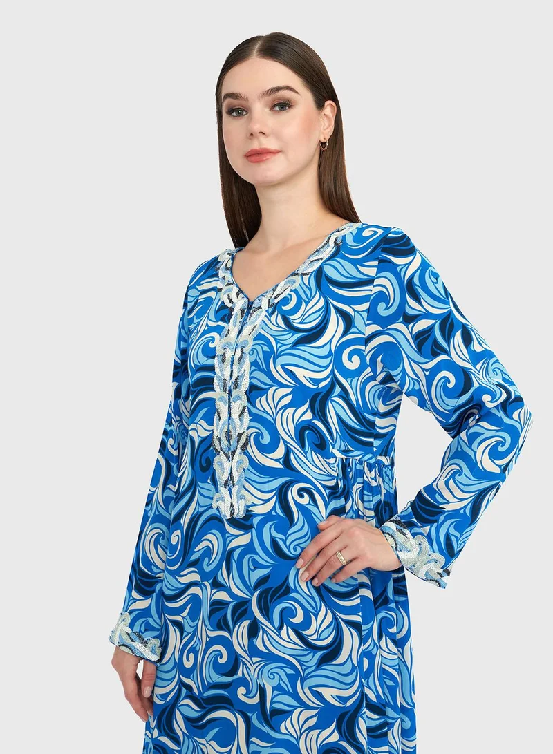 KASHKHA Blue Abstract Print Viscose Crepe Beads Work Jalabiya (VG2399)