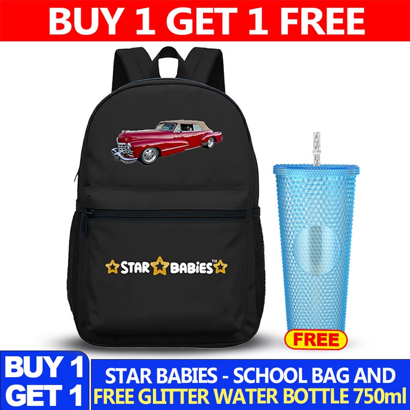 STAR BABiES ستار بيبيز - حقيبة مدرسية بطبعة سيارات (40x13x30 سم) مع زجاجة ماء مجانية 750 مل - اشترِ 1 واحصل على 1 مجانًا - Image 2
