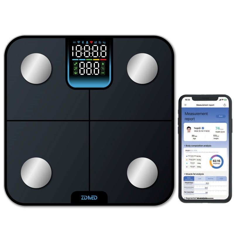 زدميد ميزان الجسم الرقمي الذكي ZidMed - محلل الوزن الإلكتروني بالبلوتوث  قياس عالي الدقة لمؤشر كتلة الجسم والعضلات والماء - Image 1
