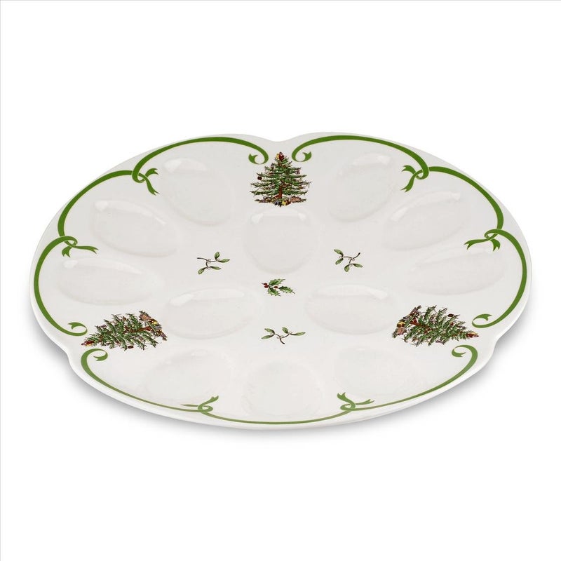Spode Spode Christmas Tree Deviled Egg Plate 13 Inch Holiday Egg Serving Platter  Christmas Tree  Mistletoe Motif Fine Porcelain Christmas Tableware Dishwasher Safe Appetizer Tray 
