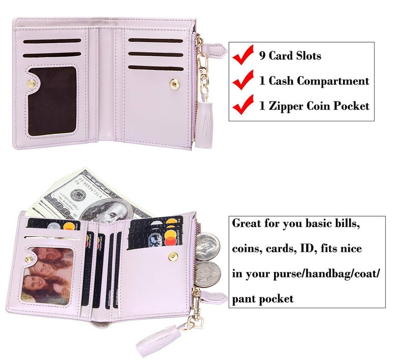 GEEAD Small Wallets for Women Bifold Slim Coin Purse Zipper ID Card Holder PU Leather Light Purple - Image 2
