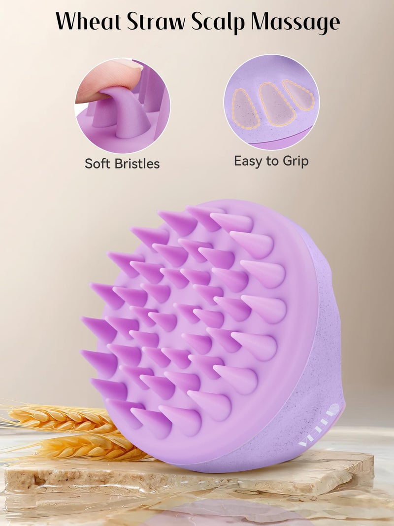 HEETA Scalp Massager Hair Growth Brush with Soft Silicone Bristles, Wheat Straw Handle, 2 Count (Beige & Purple, Round, All Hair Types) - Image 3