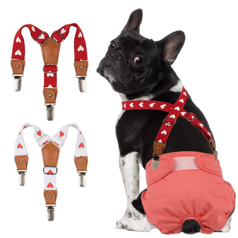 Pet Soft Dog Suspenders 2 Pieces Female Dog Diaper Suspenders for Dogs Diaper Keeper Suspender for Dog Skirt, Dog Dress (Cute Hearts, XS/S) - Image 1