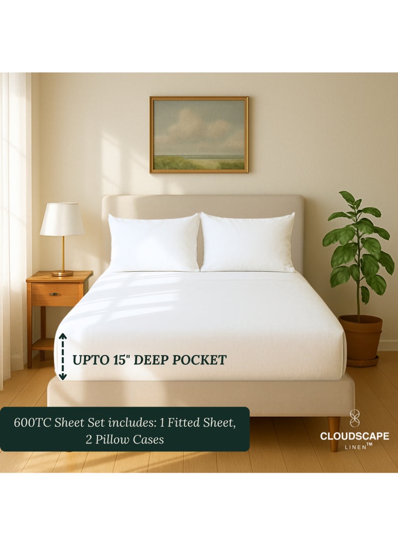 Cloud Scape Linen 600 Thread Count Egyptian Cotton Sheet Set( Queen, White) - Image 3