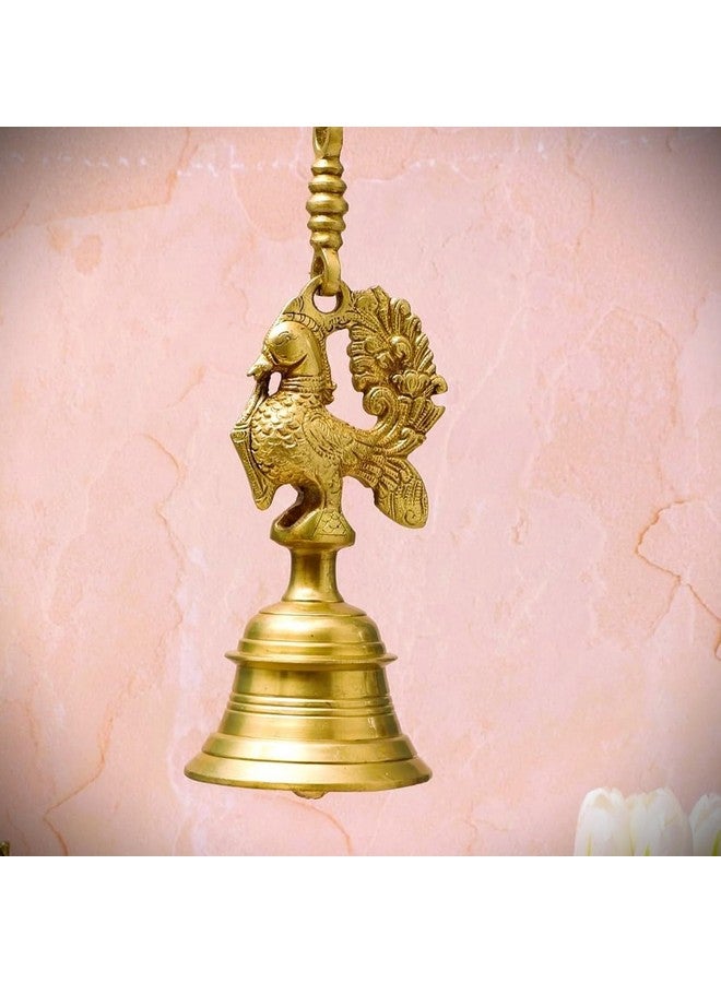 Advanzo Vintage Brass Temple Bell with Peacock On Kadiya Chain 3.5 x 3.5 x 7 Inch 23-Inch Hanging Kadiya Chain (Antique Yellow, Standard) Pack of 1 - Image 1