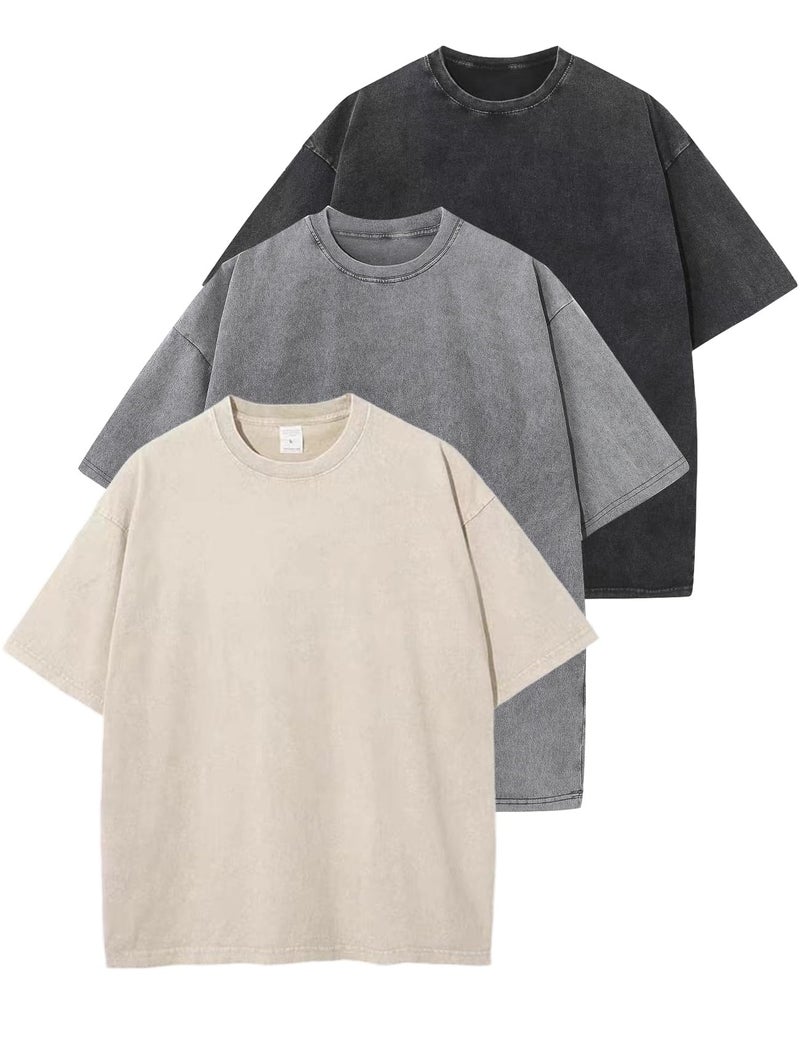 Arssm 3 Pack Men Oversized T Shirts Vintage Tee Loose Fit Short Sleeve Casual Streetwear Baggy Washed Unisex Tops(BlackGreyBeige-M) - Image 1