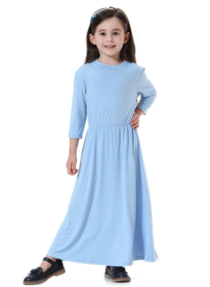 Loquat Girl's Highly Elastic Solid Color Round Neck Maxi Long Dress Sky Blue  - Image 1