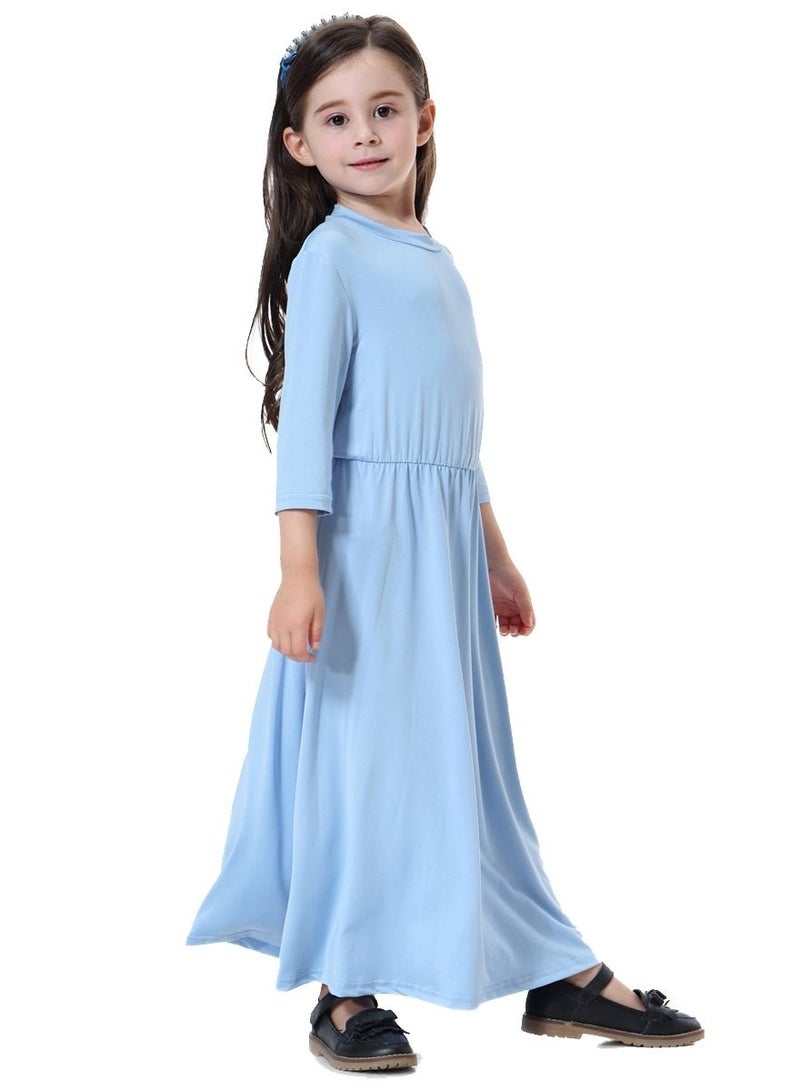 Loquat Girl's Highly Elastic Solid Color Round Neck Maxi Long Dress Sky Blue  - Image 2