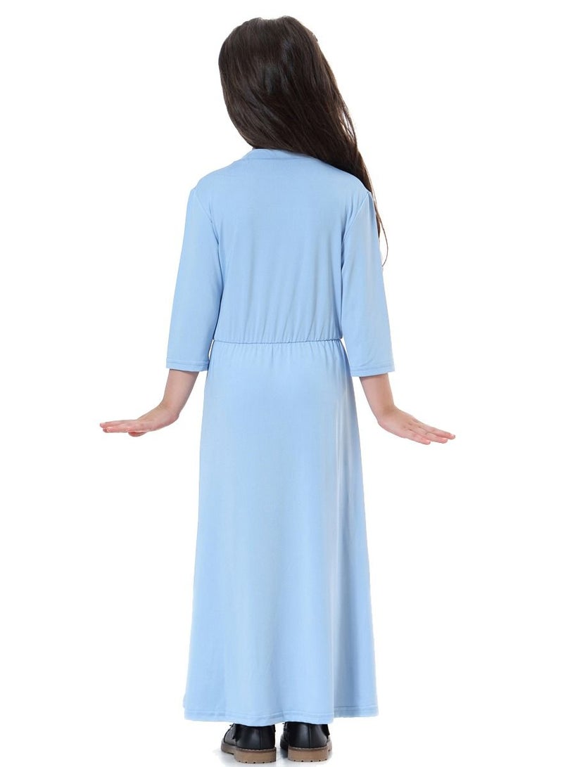 Loquat Girl's Highly Elastic Solid Color Round Neck Maxi Long Dress Sky Blue  - Image 3
