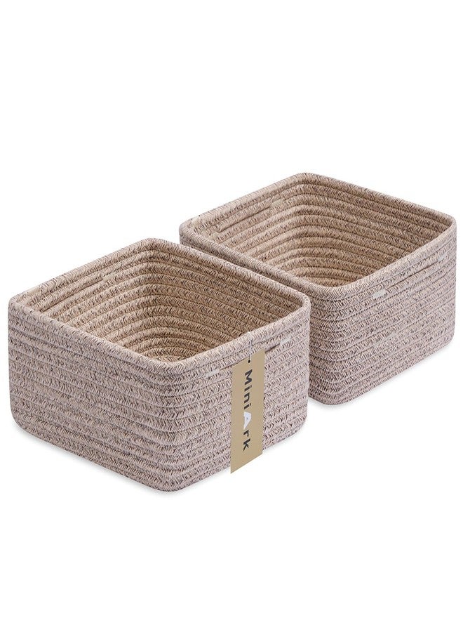 MiniArk Small Square Shallow Baskets for Organizing, 9.7x9.7x4.3 Inch Rope Woven Storage Bins for Cubes Closet, Shelves Storage, Boho Decorative Basket, 2 Packs Mixed Brown - Image 1