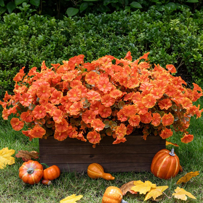 Lnoicy Artificial Flowers for Outdoor 12 Bundles Eucalyptus Fake Flowers for Autumn Decor,UV Resistant Fake Morning Glory for Home/Porch/Garden Decoration（Fall Orange） - Image 1