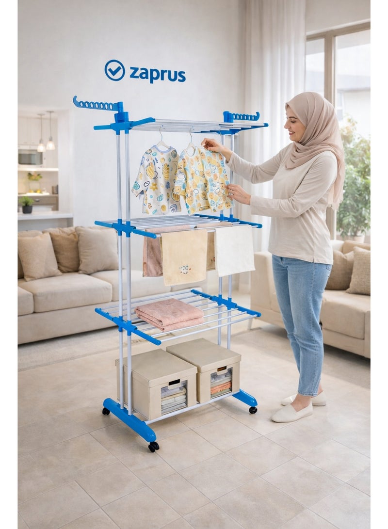 ZAPRUS Heavy Duty 4-Tier Clothes Drying Rack with Wheels – 19mm Iron Pipe Laundry Dryer Stand, Space Saving Garment Organizer for Indoor & Outdoor Use, Includes 4 Smart Foldable Hangers, Blue & White (72×64×170 cm) - Image 1