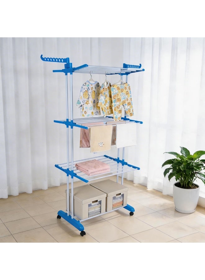 ZAPRUS Heavy Duty 4-Tier Clothes Drying Rack with Wheels – 19mm Iron Pipe Laundry Dryer Stand, Space Saving Garment Organizer for Indoor & Outdoor Use, Includes 4 Smart Foldable Hangers, Blue & White (72×64×170 cm) - Image 2