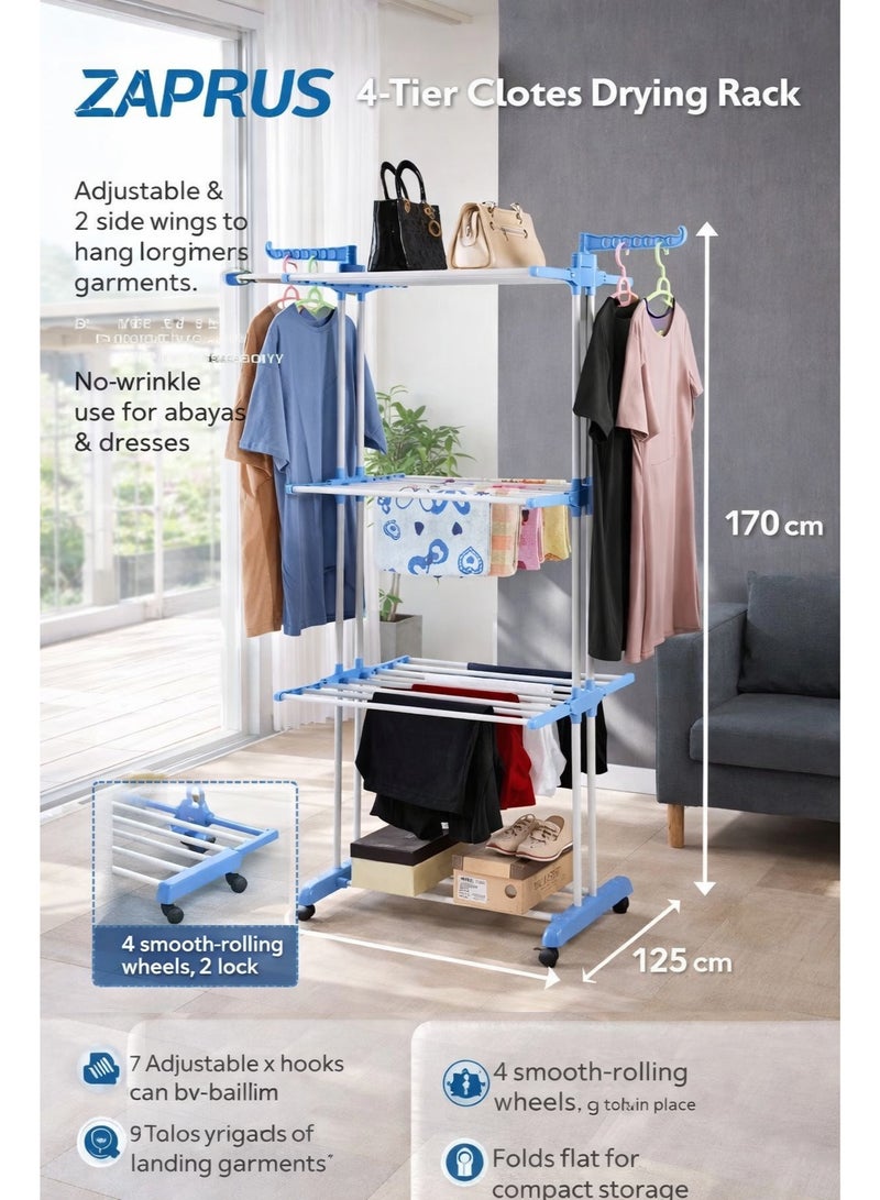 ZAPRUS Heavy Duty 4-Tier Clothes Drying Rack with Wheels – 19mm Iron Pipe Laundry Dryer Stand, Space Saving Garment Organizer for Indoor & Outdoor Use, Includes 4 Smart Foldable Hangers, Blue & White (72×64×170 cm) - Image 3