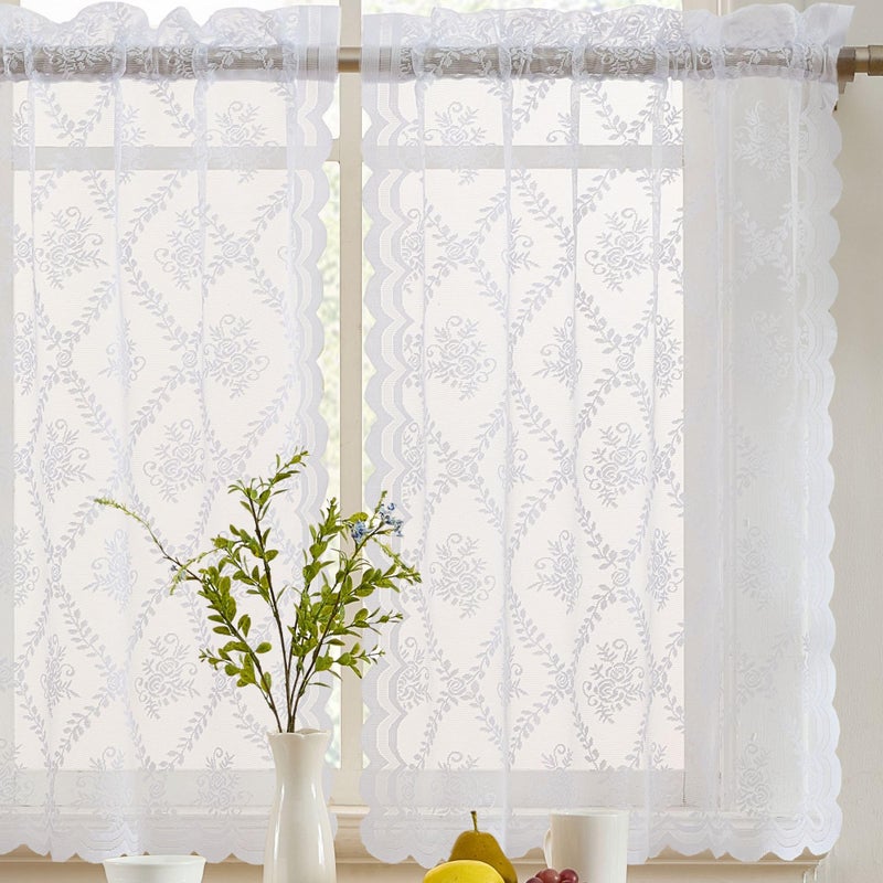 HLC.ME Isabella Floral Rod Pocket Lace Semi Sheer Voile Short Cafe Tiers for Small Windows - 28 x 36 Inch Length (White Tiers, Set of 2) - Image 1