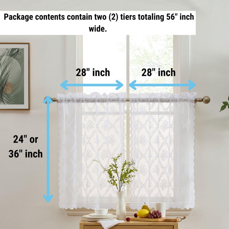 HLC.ME Isabella Floral Rod Pocket Lace Semi Sheer Voile Short Cafe Tiers for Small Windows - 28 x 36 Inch Length (White Tiers, Set of 2) - Image 2