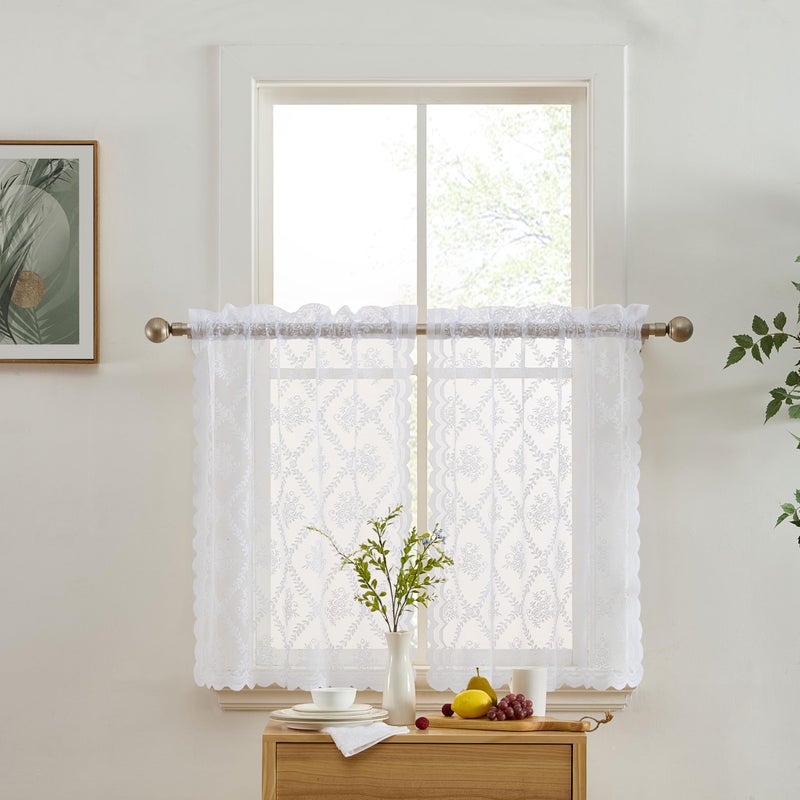 HLC.ME Isabella Floral Rod Pocket Lace Semi Sheer Voile Short Cafe Tiers for Small Windows - 28 x 36 Inch Length (White Tiers, Set of 2) - Image 3
