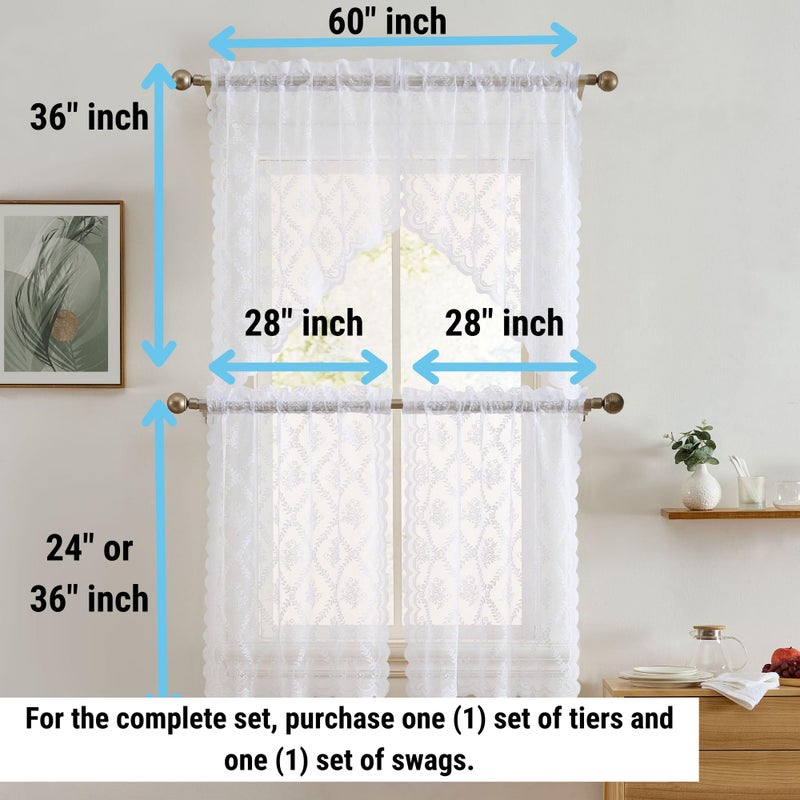HLC.ME Isabella Floral Rod Pocket Lace Semi Sheer Voile Short Cafe Tiers for Small Windows - 28 x 36 Inch Length (White Tiers, Set of 2) - Image 4