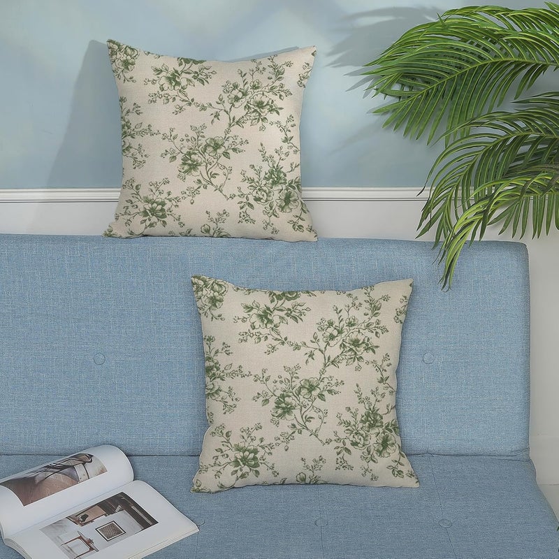GOLIANDA Sage Green and Cream Flower Pillow Covers 18x18 Set of 2 Chinoiserie Floral Decorative Throw Pillows Vintage Toile Flower Pillowcase Linen Outdoor Farmhouse Cushion Cover for Couch Sofa Decor - Image 4