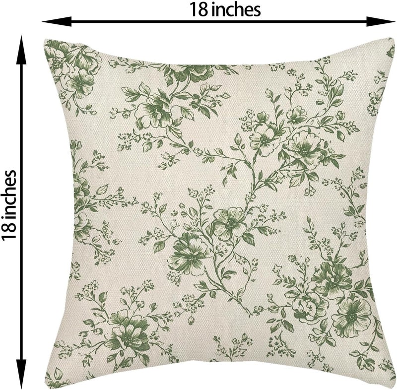 GOLIANDA Sage Green and Cream Flower Pillow Covers 18x18 Set of 2 Chinoiserie Floral Decorative Throw Pillows Vintage Toile Flower Pillowcase Linen Outdoor Farmhouse Cushion Cover for Couch Sofa Decor - Image 2