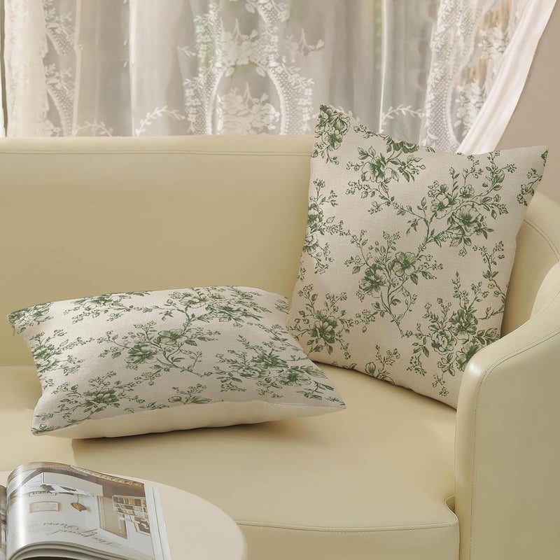 GOLIANDA Sage Green and Cream Flower Pillow Covers 18x18 Set of 2 Chinoiserie Floral Decorative Throw Pillows Vintage Toile Flower Pillowcase Linen Outdoor Farmhouse Cushion Cover for Couch Sofa Decor - Image 5