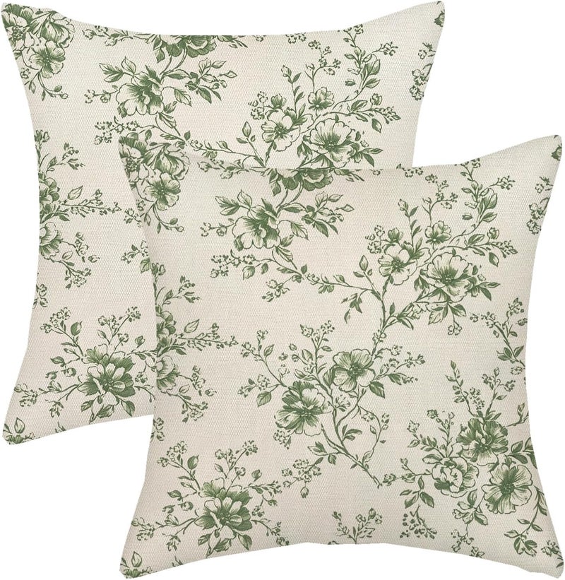 GOLIANDA Sage Green and Cream Flower Pillow Covers 18x18 Set of 2 Chinoiserie Floral Decorative Throw Pillows Vintage Toile Flower Pillowcase Linen Outdoor Farmhouse Cushion Cover for Couch Sofa Decor - Image 1