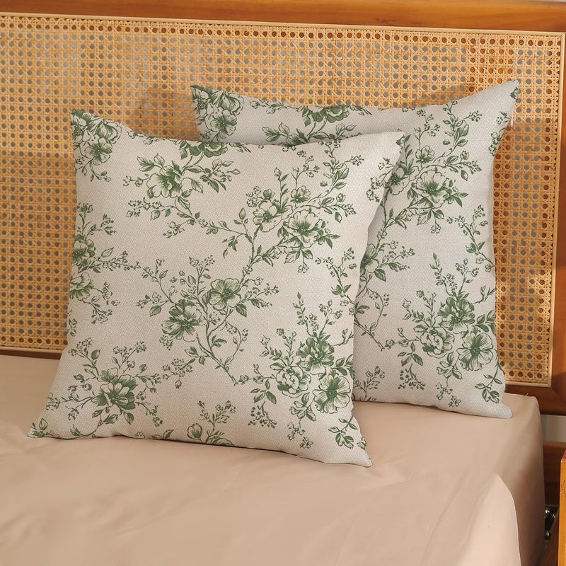GOLIANDA Sage Green and Cream Flower Pillow Covers 18x18 Set of 2 Chinoiserie Floral Decorative Throw Pillows Vintage Toile Flower Pillowcase Linen Outdoor Farmhouse Cushion Cover for Couch Sofa Decor - Image 3