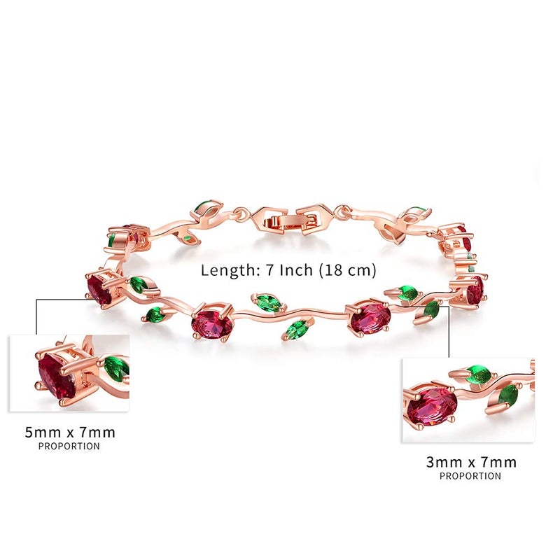 BISAER Mothers Day Gift/Lovely Rose Gold Plated Bracelets with AAA Cubic Zirconia Ruby Flower Emerald Leaf Beautiful Vine Bracelet for Women 7 Inch-Ideal Tennis Bracelets Valentineâ€™s Day Gift - Image 3