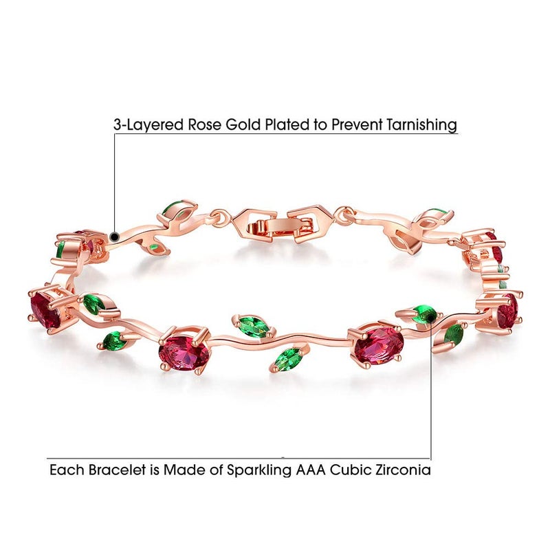 BISAER Mothers Day Gift/Lovely Rose Gold Plated Bracelets with AAA Cubic Zirconia Ruby Flower Emerald Leaf Beautiful Vine Bracelet for Women 7 Inch-Ideal Tennis Bracelets Valentineâ€™s Day Gift - Image 2