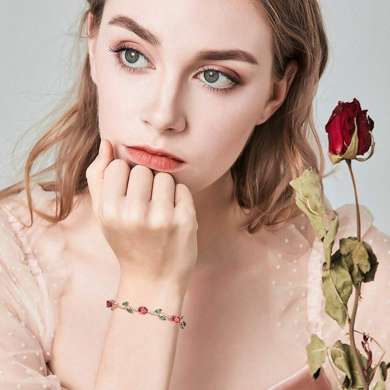 BISAER Mothers Day Gift/Lovely Rose Gold Plated Bracelets with AAA Cubic Zirconia Ruby Flower Emerald Leaf Beautiful Vine Bracelet for Women 7 Inch-Ideal Tennis Bracelets Valentineâ€™s Day Gift - Image 4