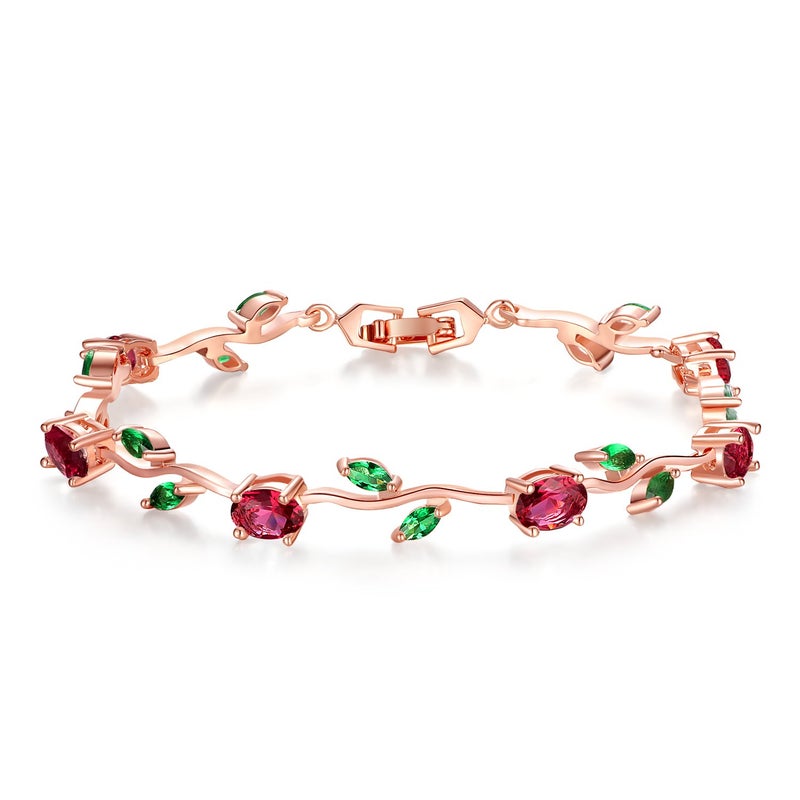 BISAER Mothers Day Gift/Lovely Rose Gold Plated Bracelets with AAA Cubic Zirconia Ruby Flower Emerald Leaf Beautiful Vine Bracelet for Women 7 Inch-Ideal Tennis Bracelets Valentineâ€™s Day Gift - Image 1