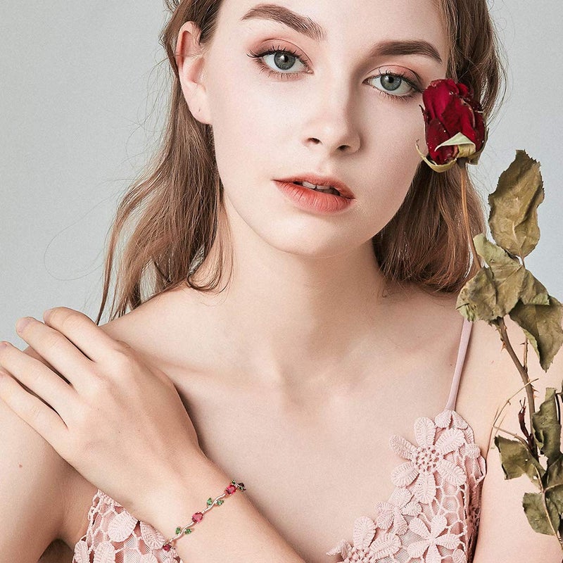 BISAER Mothers Day Gift/Lovely Rose Gold Plated Bracelets with AAA Cubic Zirconia Ruby Flower Emerald Leaf Beautiful Vine Bracelet for Women 7 Inch-Ideal Tennis Bracelets Valentineâ€™s Day Gift - Image 5